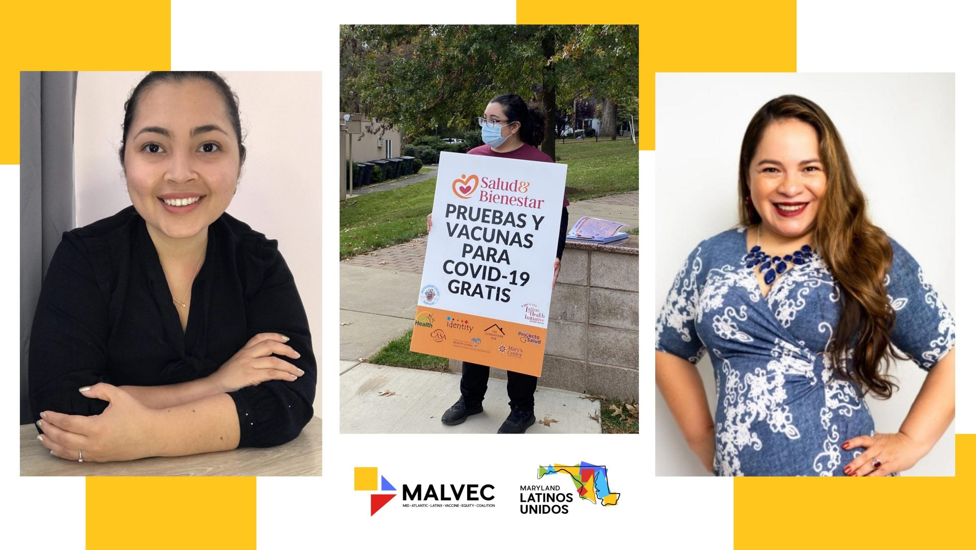 Three separate photos of Latina women who are community health workers for MALVEC and MLU